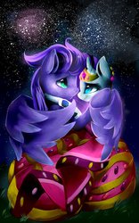 Size: 707x1131 | Tagged: safe, rarity, oc, oc:kydose, g4, canon x oc, clothes, dress, female, gala dress, hug, love, male, night, raridose, shipping, stars, straight, winghug