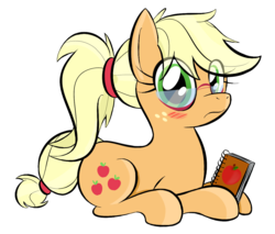 Size: 1284x1096 | Tagged: safe, artist:hip-indeed, applejack, earth pony, pony, g4, alternate hairstyle, blushing, cute, eye clipping through hair, female, frown, glasses, jackabetes, looking at you, meganekko, notebook, ponytail, prone, simple background, solo, transparent background, wide eyes