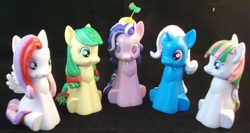 Size: 4089x2177 | Tagged: safe, artist:gryphyn-bloodheart, apple fritter, blossomforth, diamond rose, screwball, trixie, g4, apple family member, customized toy, irl, photo, sculpted, sitting, soap bottle