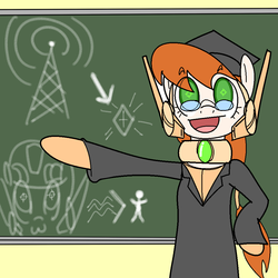 Size: 1000x1000 | Tagged: safe, artist:khorme, oc, oc only, oc:p.o.n.e., pony, robot, robot pony, chalkboard, clothes, dress, glasses, graduation cap, lecture, looking at you, open mouth, pointing, solo, teaching