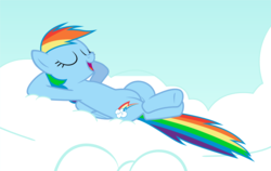 Size: 1707x1081 | Tagged: safe, artist:cheezedoodle96, edit, edited screencap, screencap, rainbow dash, pegasus, pony, g4, season 4, testing testing 1-2-3, .svg available, cloud, eyes closed, female, hooves, lying down, mare, open mouth, relaxing, simple background, solo, svg, vector, white background, wings