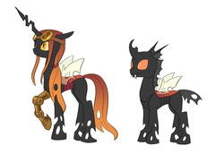 Size: 3819x2631 | Tagged: safe, artist:carnifex, oc, oc only, oc:patina, changeling, changeling queen, brown changeling, changeling queen oc, female, goggles, high res, orange changeling, ponytail, prosthetic leg, prosthetic limb, prosthetics, simple background, white background