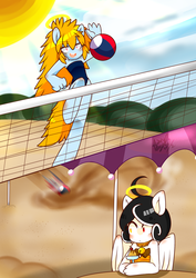 Size: 2149x3035 | Tagged: safe, artist:snow angel, oc, oc only, oc:morikawa saki, oc:snow angel, earth pony, pegasus, anthro, ambiguous facial structure, beach volleyball, bell, bell collar, blue swimsuit, bow, bow swimsuit, clothes, collar, digital art, female, food, halo, heterochromia, high res, ice cream, orange swimsuit, pixiv, red eyes, swimsuit, yellow eyes