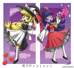 Size: 1022x944 | Tagged: safe, artist:the-butch-x, applejack, twilight sparkle, equestria girls, g4, belly button, clothes, cosplay, crossover, cute, duo, hakurei reimu, kirisame marisa, midriff, puffy sleeves, skirt, touhou