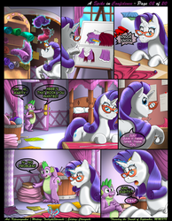 Size: 1165x1500 | Tagged: safe, artist:kitsuneyoukai, rarity, spike, dragon, pony, unicorn, comic:a spike in confidence, g4, bed, comic, dialogue, drawing, explicit source, female, glasses, looking back, magic, male, mare, monologue, pencil, pretty, raised hoof, rarity's bedroom, rarity's glasses, scissors, shy, talking, underhoof, wingless spike, working