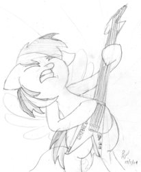 Size: 812x984 | Tagged: safe, artist:baratus93, rainbow dash, pegasus, pony, g4, bipedal, electric guitar, guitar, limozeen, monochrome, musical instrument, traditional art