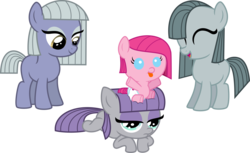 Size: 8501x5210 | Tagged: dead source, safe, artist:claritea, limestone pie, marble pie, maud pie, pinkie pie, earth pony, pony, g4, 5-year-old, absurd resolution, baby, baby pie, baby pony, diaper, filly, foal, pie sisters, pinkamena diane pie, pinkie pie riding maud pie, ponies riding ponies, pony hat, riding, simple background, transparent background, vector