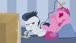 Size: 1280x731 | Tagged: safe, artist:dtcx97, ruby pinch, rumble, pegasus, pony, unicorn, g4, beanbag chair, controller, video game