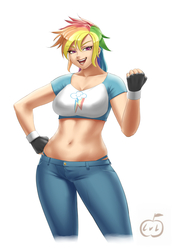 Size: 800x1160 | Tagged: safe, artist:lvl, rainbow dash, human, g4, 2014, belly button, breasts, busty rainbow dash, clothes, cutie mark on clothes, female, fingerless gloves, gloves, hand on hip, humanized, jeans, midriff, panties, pants, simple background, solo, stupid sexy rainbow dash, tank top, the ass was fat, thong, tomboy, underwear, white background