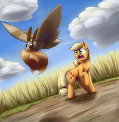Size: 3559x3625 | Tagged: safe, artist:otakuap, applejack, oc, oc:fluffy the bringer of darkness, earth pony, giant moth, insect, moth, pony, g4, accessory theft, animal, applejack's hat, cowboy hat, female, flying, freckles, giant insect, hat, high res, mare, open mouth
