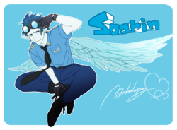 Size: 945x694 | Tagged: safe, artist:onoya, soarin', human, g4, elf ears, humanized, male, pixiv, solo, winged humanization