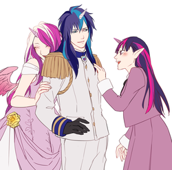 Size: 885x874 | Tagged: safe, artist:onoya, princess cadance, shining armor, twilight sparkle, human, g4, blushing, elf ears, eyes closed, grin, horn, horned humanization, hug, humanized, open mouth, pixiv, smiling, winged humanization