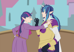 Size: 1038x735 | Tagged: safe, artist:onoya, shining armor, twilight sparkle, human, a canterlot wedding, g4, elf ears, horn, horned humanization, humanized, pixiv, scene interpretation