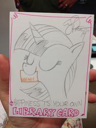 Size: 768x1024 | Tagged: safe, artist:andypriceart, twilight sparkle, g4, female, library card, mouth hold, peanuts, sketch, solo, traditional art