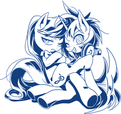 Size: 559x526 | Tagged: dead source, safe, artist:re_ghotion, dj pon-3, octavia melody, vinyl scratch, g4, frown, grin, looking at you, monochrome, simple background, smiling, white background, wink
