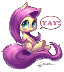 Size: 3000x3392 | Tagged: safe, artist:jggjqm522, fluttershy, g4, blushing, chibi, cute, female, high res, impossibly long tail, long tail, looking at you, simple background, sitting, smiling, solo, speech bubble, tail extensions, transparent background, underhoof, yay