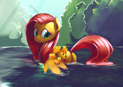 Size: 3508x2480 | Tagged: safe, artist:gashiboka, fluttershy, pegasus, pony, g4, butt, cute, duckling, female, flutterbutt, fluttermom, high res, mare, plot, shyabetes, smiling, spread wings, water, wings