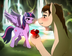 Size: 1223x949 | Tagged: safe, artist:sanaya, twilight sparkle, alicorn, pony, g4, blushing, cave, crossover, crossover shipping, crying, female, gem, happy, male, mama twilight, mare, marriage proposal, peter parker, ponified, pregnant, ruby, spider-man, spiders and magic ii: eleven months, spiders and magic: rise of spider-mane, spidertwi, tears of joy, thick eyelashes, twilight sparkle (alicorn)