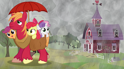 Size: 2500x1400 | Tagged: safe, artist:anarchemitis, apple bloom, big macintosh, scootaloo, sweetie belle, earth pony, pony, g4, carrying, cute, cutie mark crusaders, male, rain, saddle bag, stallion, umbrella