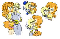 Size: 653x426 | Tagged: safe, artist:tinacrazy29, carrot top, derpy hooves, golden harvest, human, g4, apron, blushing, clothes, cuddling, female, hug, humanized, kissing, lesbian, ship:derpytop, shipping, snuggling, winged humanization