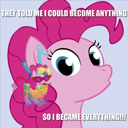 Size: 444x444 | Tagged: safe, artist:chrisboe4ever, pinkie pie, earth pony, pony, g4, artifact, dialogue, female, image macro, looking at you, meme, simple background, solo