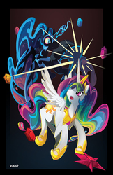 Size: 761x1176 | Tagged: safe, artist:cenit-v, nightmare moon, princess celestia, alicorn, pony, g4, elements of harmony, eye contact, rupee