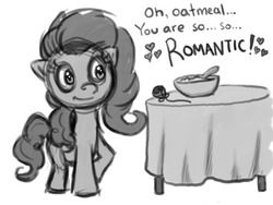 Size: 1024x768 | Tagged: safe, artist:chrisboe4ever, pinkie pie, earth pony, pony, g4, :t, dialogue, female, flower, heart, mare, monochrome, oatmeal, raised hoof, rose, simple background, smiling, solo, text, wat, white background