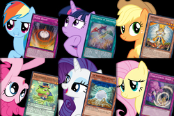 Size: 1200x800 | Tagged: safe, applejack, fluttershy, pinkie pie, rainbow dash, rarity, tom, twilight sparkle, g4, spoiler:comic, card game, mane six, yu-gi-oh!