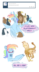 Size: 768x1400 | Tagged: safe, artist:sinisterwhooves, gilda, rainbow dash, bird, chicken, eagle, griffon, hawk, kiwi, owl, penguin, toucan, g4, ask, birb, eyes closed, open mouth, pointing, smiling, tumblr