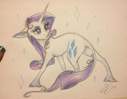 Size: 771x598 | Tagged: safe, artist:probablyfakeblonde, rarity, classical unicorn, pony, g4, female, floppy ears, fluffy, frown, horn, leonine tail, looking back, mare, pencil drawing, raised eyebrow, simple background, solo, sparkles, traditional art, unshorn fetlocks, white background
