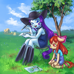 Size: 900x900 | Tagged: safe, artist:ilanta, apple bloom, rarity, earth pony, anthro, g4, clothes, drawing, dress, hat