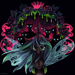 Size: 1652x1663 | Tagged: dead source, safe, artist:matrosha123, queen chrysalis, changeling, g4, glowing eyes, rose, spread wings