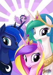 Size: 955x1351 | Tagged: safe, artist:mysticalpha, princess cadance, princess celestia, princess luna, twilight sparkle, alicorn, pony, g4, alicorn tetrarchy, female, grin, looking at you, mare, one of these things is not like the others, photobomb, smiling, spread wings, twilight sparkle (alicorn), underhoof