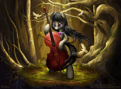 Size: 2700x1982 | Tagged: safe, artist:daffydream, octavia melody, bird, earth pony, pony, g4, bipedal, bow (instrument), cello, crepuscular rays, female, forest, hoof hold, leaf, lidded eyes, mare, musical instrument, solo, tree