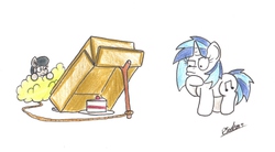 Size: 1915x1060 | Tagged: safe, artist:bobthedalek, dj pon-3, vinyl scratch, oc, oc:octavia's mother, earth pony, pony, unicorn, g4, bait, bush, cake, duo, it's a trap, rope, trap (device)