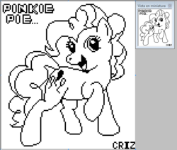 Size: 604x509 | Tagged: safe, artist:criz camacho, pinkie pie, g4, female, monochrome, pixel art, solo