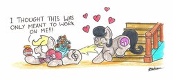 Size: 1024x476 | Tagged: safe, artist:bobthedalek, oc, oc only, oc:mixed melody, oc:octavia's father, oc:octavia's mother, oc:ostinato melody, earth pony, pony, box of chocolates, duo, female, flower, heart, love potion, male, stairs, tail bite, tonic, traditional art