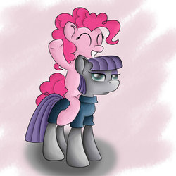 Size: 1600x1600 | Tagged: safe, artist:sissi1000, maud pie, pinkie pie, g4, duo, pinkie pie riding maud pie, ponies riding ponies, riding