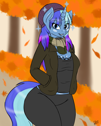 Size: 1257x1564 | Tagged: safe, artist:ensayne, minuette, anthro, g4, autumn, curvy, female, solo, wide hips