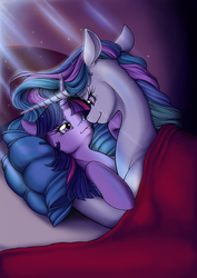 Size: 874x1236 | Tagged: safe, artist:longinius, princess celestia, twilight sparkle, alicorn, pony, unicorn, g4, bed, bedroom eyes, boop, crepuscular rays, cuddling, eye contact, female, floppy ears, grin, horn, horns are touching, implied sex, lesbian, mare, noseboop, nuzzling, on back, pillow, romantic, ship:twilestia, shipping, size difference, smiling, snuggling