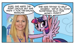 Size: 714x418 | Tagged: safe, edit, idw, twilight sparkle, alicorn, human, pony, g4, spoiler:comic, spoiler:comic23, 4chan, female, irl, irl human, mare, mccarthy drama, meghan mccarthy, op is a duck, op is trying to start shit, photo, twilight justifies evil meme, twilight sparkle (alicorn)