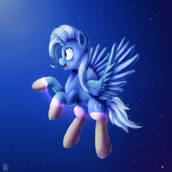 Size: 900x900 | Tagged: safe, artist:cottoncole, trixie, alicorn, pony, g4, alicornified, crying, female, flying, messy mane, night, open mouth, petrification, race swap, sky, smiling, solo, spread wings, tears of joy, trixiecorn, wide eyes