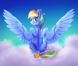 Size: 1500x1277 | Tagged: safe, artist:cottoncole, rainbow dash, g4, both cutie marks, cloud, female, looking back, rear view, sitting, solo, spread wings