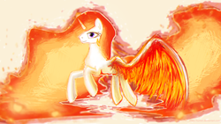 Size: 1500x844 | Tagged: safe, artist:makc-hunter, princess celestia, alicorn, pony, g4, female, fire, flying, mane of fire, solo