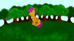 Size: 1191x670 | Tagged: safe, artist:jtkm, scootaloo, pegasus, pony, g4, female, filly, foal, folded wings, grass, meadow, scooter, sitting, sky, solo, tree, wings