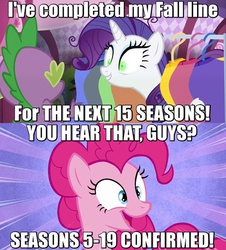Size: 500x554 | Tagged: safe, pinkie pie, rarity, spike, g4, corrupted, image macro, inspirarity, meme, possessed