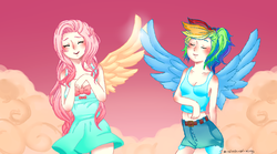 Size: 980x546 | Tagged: safe, artist:a-clash-of-kings, fluttershy, rainbow dash, human, g4, hurricane fluttershy, belly button, clothes, dress, high wing, humanized, midriff, scene interpretation, tank top, winged humanization