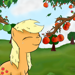 Size: 2000x2000 | Tagged: safe, artist:katsu, applejack, bird, g4, apple, apple tree, cloud, cloudy, cute, eyes closed, female, grass, hatless, high res, jackabetes, missing accessory, smelling, smiling, sniffing, snorting, solo, tree