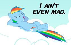 Size: 500x316 | Tagged: safe, artist:cheezedoodle96, rainbow dash, pegasus, pony, g4, cloud, crossed hooves, female, i ain't even mad, lying down, mare, meme, open mouth, reaction image, sky, solo, text