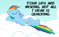 Size: 500x316 | Tagged: safe, artist:cheezedoodle96, rainbow dash, pegasus, pony, g4, cloud, crossed hooves, female, lying down, mare, meme, op is a duck (reaction image), open mouth, reaction image, resting, solo